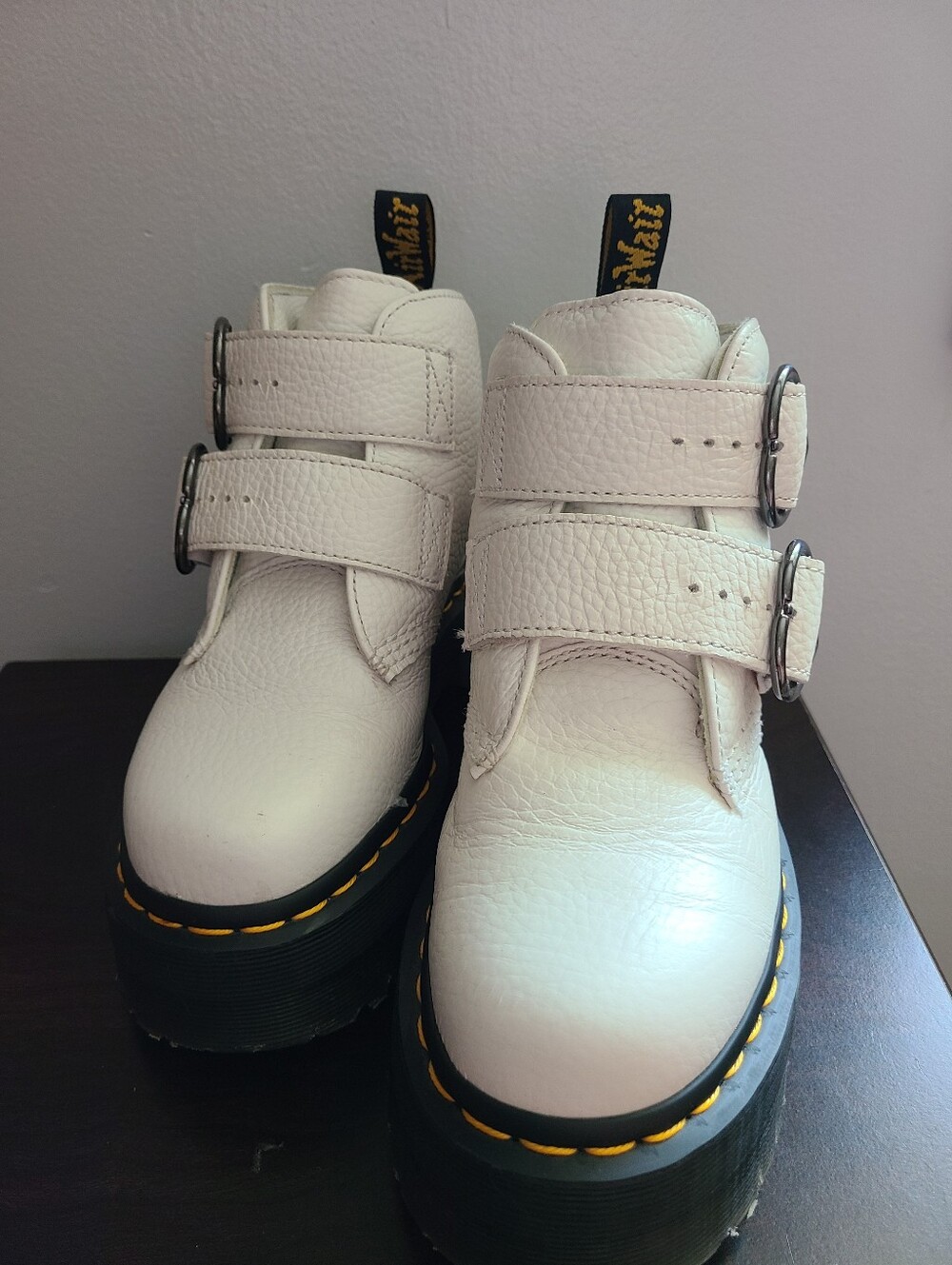 Dr. Martens Devon Heart White Leather Platform Buckle Boots